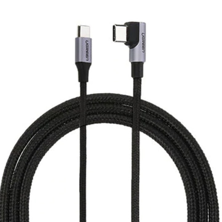 Táp- és adatkábel Ugreen, gyorstöltés, USB Type-C – USB Type-C 60W/3A, 90°-os szög, fonott, 1 m, szürke