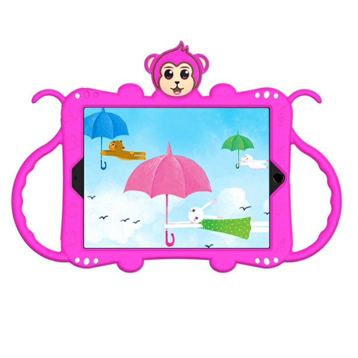 Accesoriu complet pentru Apple iPad Air 3 - Husa de protectie din silicon cu curea atasabila si suport tableta, culoare Roz Fuchsia