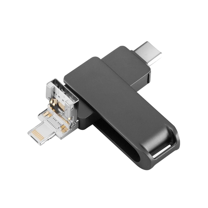 USB памет, 4 в 1, скорост на четене до 100MB/s, метал, 3 вида връзки, черен
