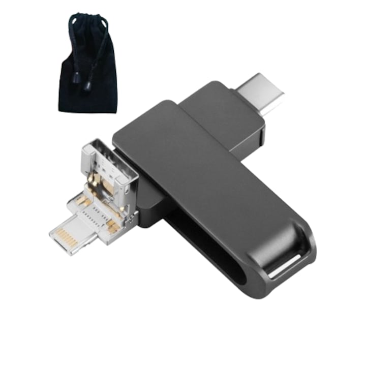 Stick de memorie flash 4 in 1 OTG 256GB Z ZYNERA™, viteza de citire de pana la 100MB/s, din metal, dimensiuni compacte, potrivit pentru o gama foarte larga de dispositive, 3 tipuri de conexiuni, Negru