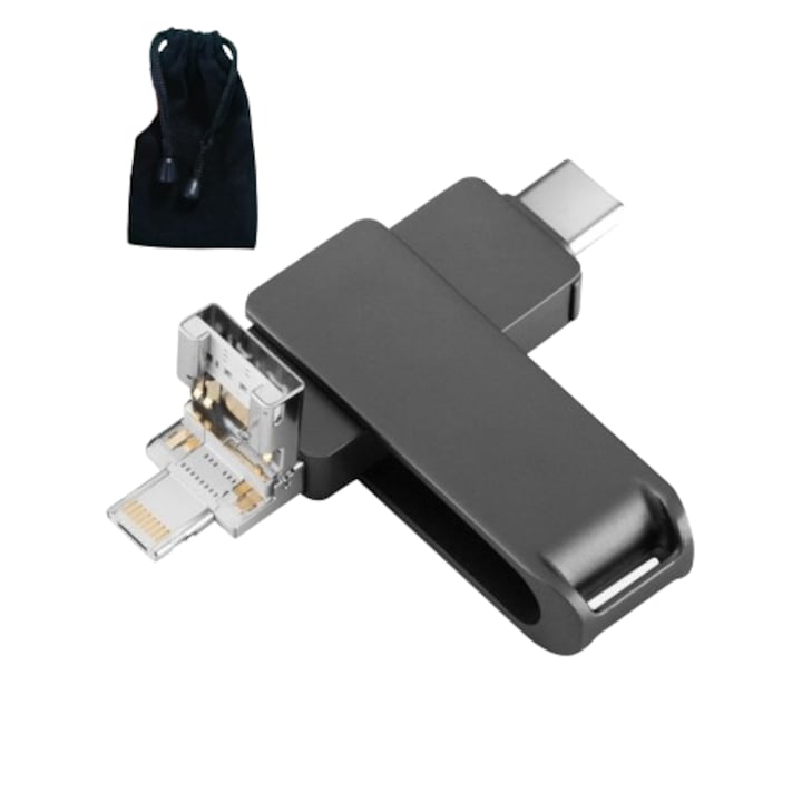 Stick de memorie flash 4 in 1 OTG 128GB, viteza de citire de pana la 100MB/s, din metal, dimensiuni compacte, potrivit pentru o gama foarte larga de dispositive, 3 tipuri de conexiuni, Saculet pentru depozitare, Negru