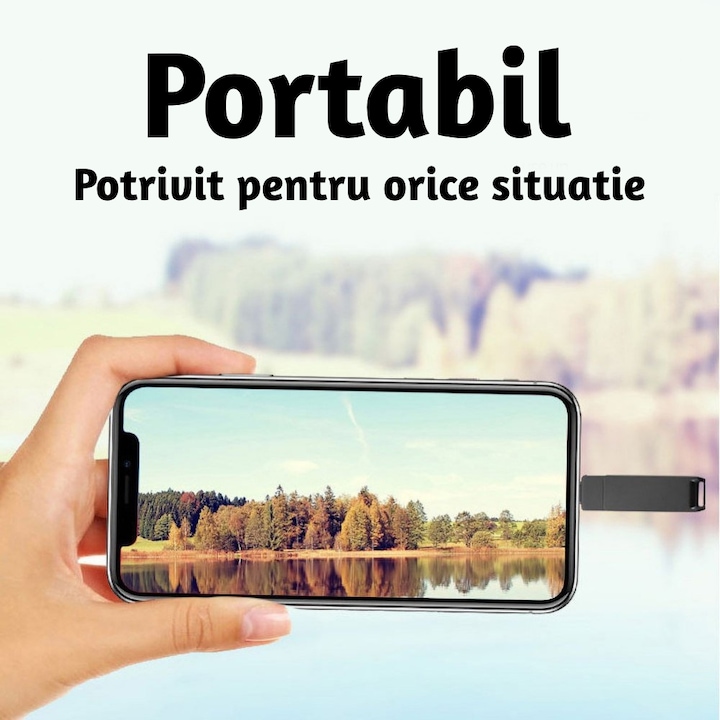 Stick de memorie flash 4 in 1 OTG 64GB, viteza de citire de pana la 100MB/s, din metal, dimensiuni compacte, potrivit pentru o gama foarte larga de dispositive, 3 tipuri de conexiuni, Negru