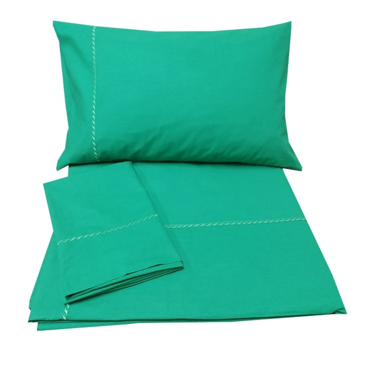 Бродиран ленен комплект за легло 160 x 200 x 40 см, Casa Bucuriei, модел Simple lines, 4 части, тюркоазено зелено, 100% памук, чаршаф с размери 240/280 см и плик за завивка 200/220 см