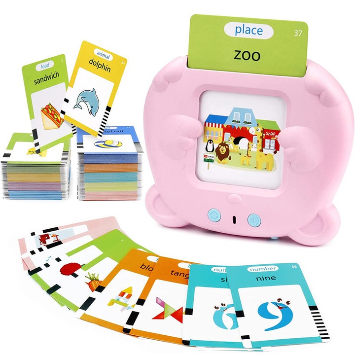 Jucarie educativa Montessori, Set masina de invatare cu cititor de carduri, idepet®, 255 bucati carduri flash 510 cuvinte, 2 ani+, roz