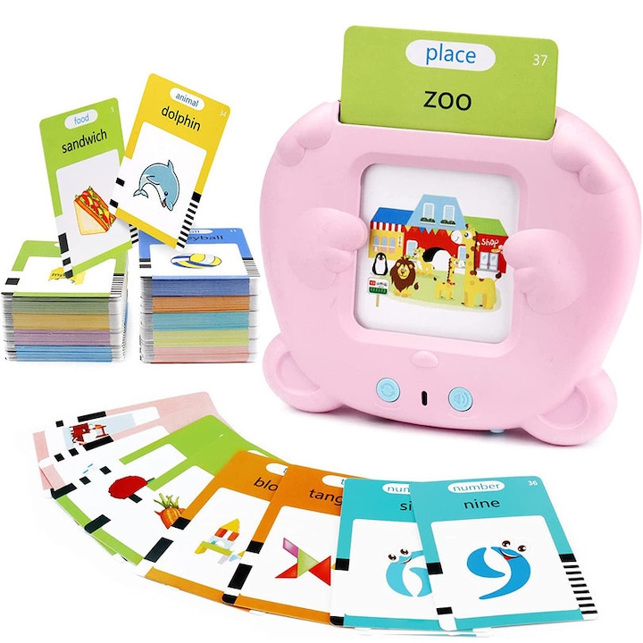 Idepet Montessori oktatójáték, tanulógép készlet kártyaolvasóval, 255 flash kártya 510 szó, 2 éves kortól, rózsaszín
