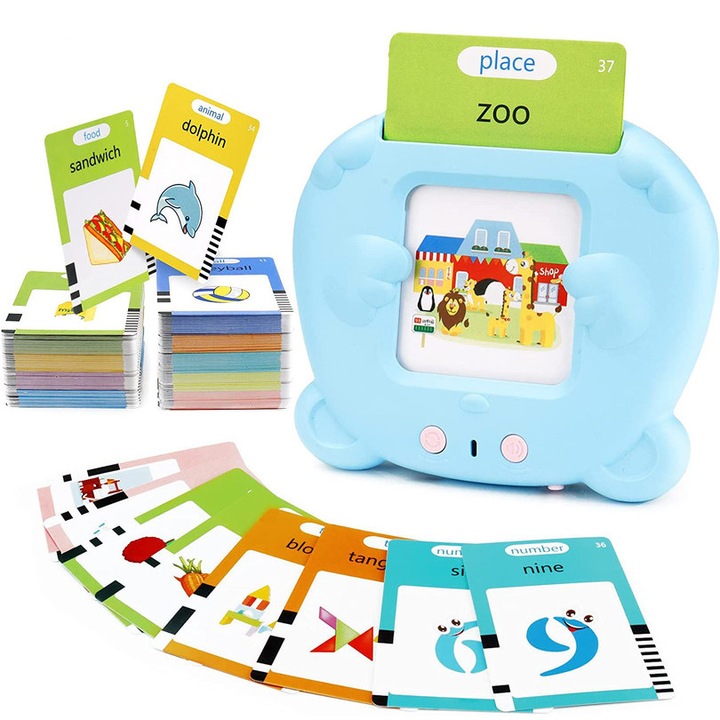 Jucarie educativa Montessori, Set masina de invatare cu cititor de carduri, idepet®, 255 bucati carduri flash 510 cuvinte, 2 ani+, Albastru