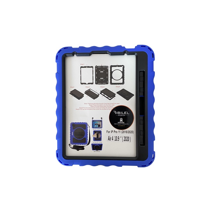 Husa de protectie din silicon dur pentru Apple iPad Air 4 2020 si iPad Pro 11 2018 - Ofera protectie superioara si un aspect elegant, cu curea atasabila si suport pentru tableta, culoare Albastru