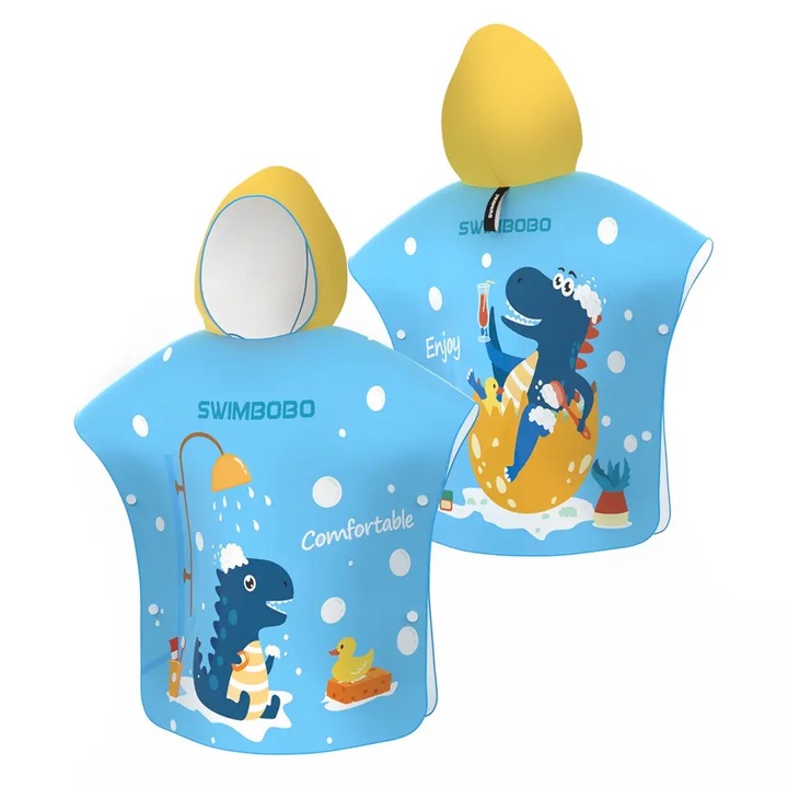 Плажна кърпа пончо bebeLOGIC Dinosaur, Микрофибър, Син, Деца, 5 - 12 години