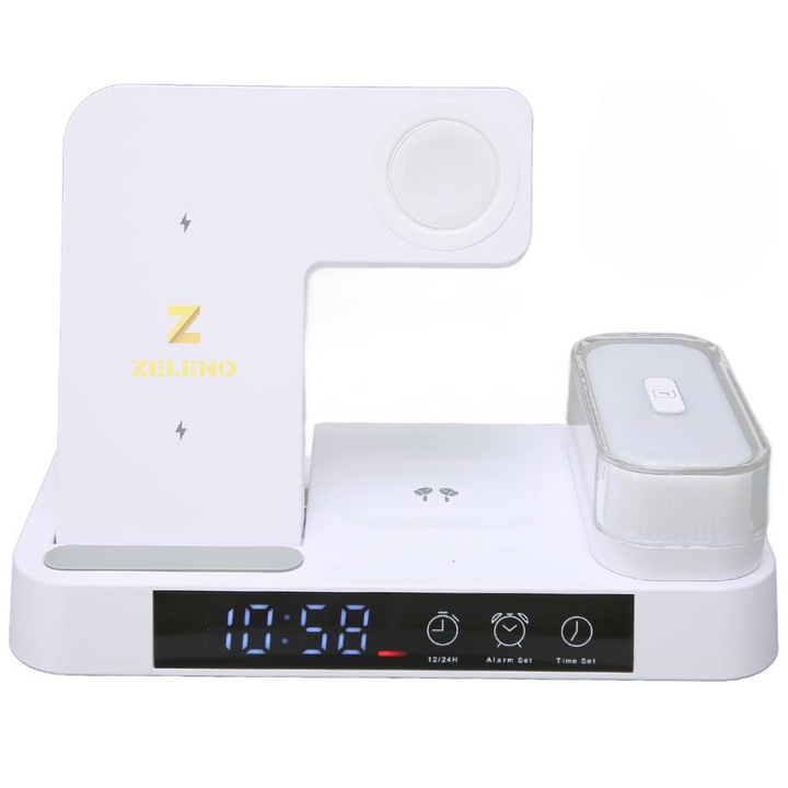 Incarcator wireless 3 in 1, telefon-smartwatch-casti, multifunctional cu lampa nocturna reglabila RGB, ceas si alarma digitale, incarcare rapida 15W, compatibilitate universala, alb