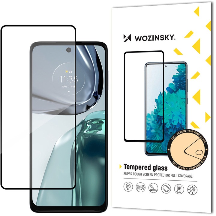 WZK Супер издръжлив протектор за екран за Motorola Moto G62 5G, защитено стъкло, пълно лепило, подходящ за калъф, черен