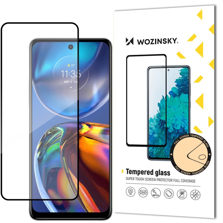 WZK Супер издръжлив протектор за екран за Motorola Moto E32, защитено стъкло, пълно лепило, подходящ за калъф, черен