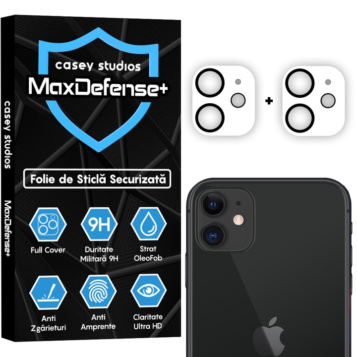 2 db-os kameravédő fólia Apple iPhone 11 készülékhez, CASEY STUDIOS™ MaxDefense+, biztonságos védelem, 9H keménység, teljes fólia, karcálló, Ultra HD, professzionális 3D kameravédelem, karcálló, ütésálló