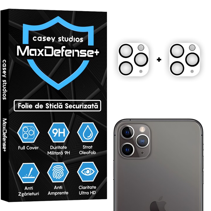 2 db-os kameravédő fólia Apple iPhone 11 Pro Max / 11 Pro készülékhez, CASEY STUDIOS™ MaxDefense+, biztonságos védelem, 9H keménység, teljes fólia, karcálló, Ultra HD, professzionális 3D kameravédelem, karcálló, ütésálló