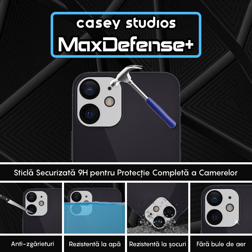 Set 2x Folie Sticla Camera compatibil cu iPhone 12, CASEY STUDIOS™ MaxDefense+, Protectie Securizata, Duritate 9H, Full Cover, Anti Zgarieturi, Ultra HD, Protectie Profesionala Camere 3D, Anti Zgarieturi, Anti Socuri