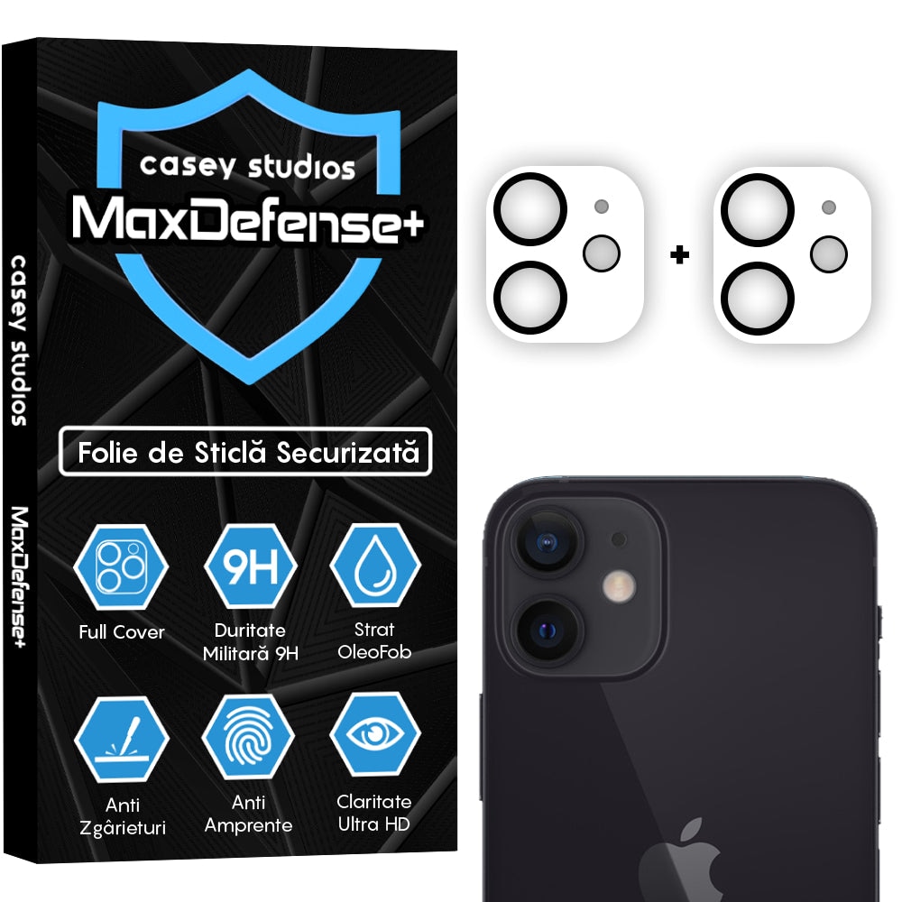 Set 2x Folie Sticla Camera compatibil cu iPhone 12, CASEY STUDIOS™ MaxDefense+, Protectie Securizata, Duritate 9H, Full Cover, Anti Zgarieturi, Ultra HD, Protectie Profesionala Camere 3D, Anti Zgarieturi, Anti Socuri
