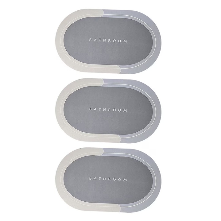 Set 3 x Covor De Baie GREATON, Imprimeu „Bathroom”, Absoarbe Rapid Apa, Cauciuc Antiderapant, Spalare Manuala, 78 x 48 cm, Albastru Deschis/Gri