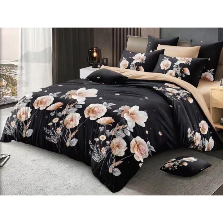 Lenjerie de pat dublu, Talo, 4 piese, 2 persoane, Negru Floral, 240x250cm