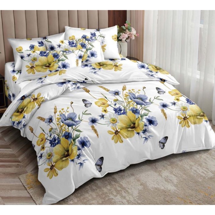 Lenjerie de pat dublu, Talo, Finet, 6 piese, 2 persoane, imprimeu Flori de Camp, 230x245cm