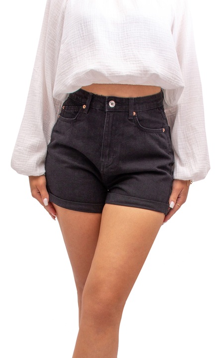 Дамски къси памучни панталонки с висока талия, Черен