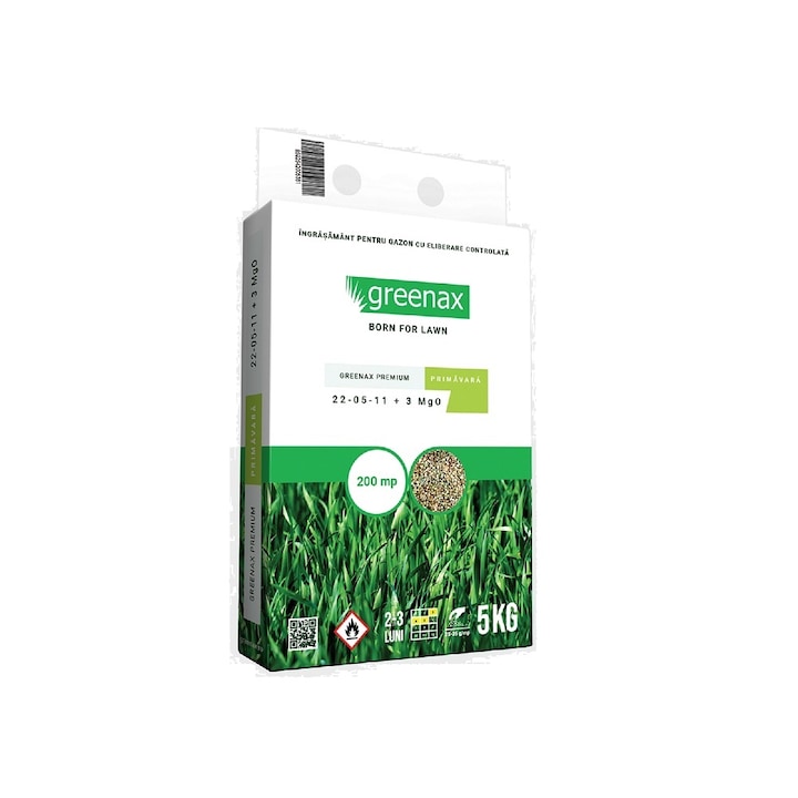 Ingrasamant pentru gazon Greenax Premium Primavara, acoperire 200 mp2, greutate 5 kg, NPK 22-05-11 + 3 Mg O