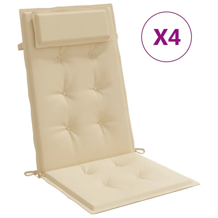 Set perne de scaun cu spatar inalt vidaXL, 4 buc, bej, tesatura Oxford, 120 x 50 x 3 cm, 2.1 Kg