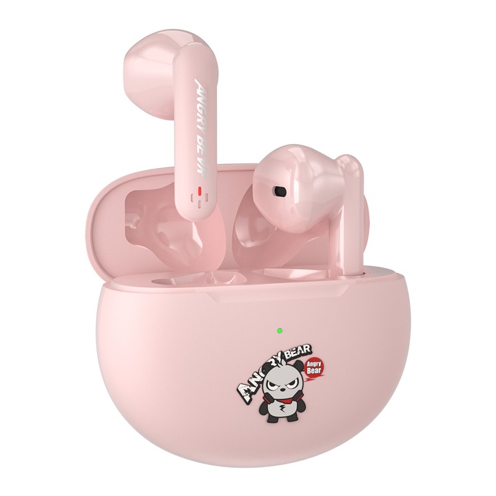 Vezeték nélküli audio fejhallgató NUBI QT5 Angry Bear, TWS, Mély basszus, Bluetooth vezeték nélküli, Mikrofon, Hi-Fi, Rózsaszín