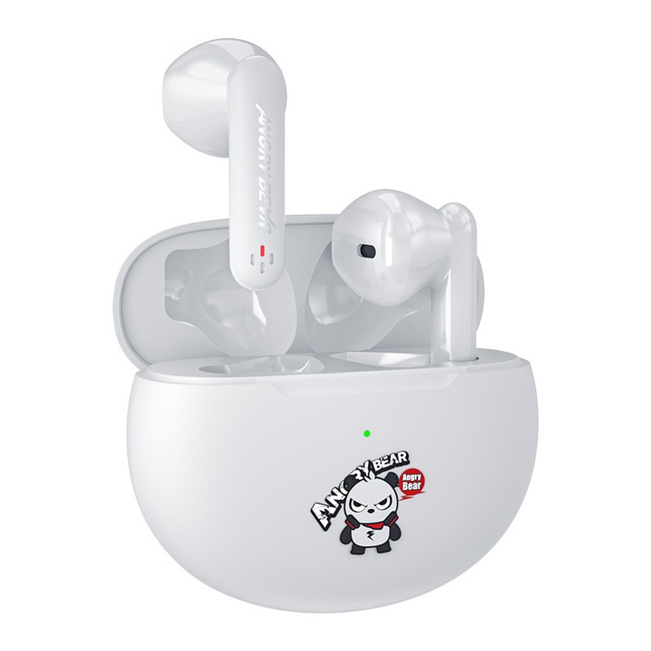 Vezeték nélküli audio fejhallgató NUBI QT5 Angry Bear, TWS, Mély basszus, Bluetooth vezeték nélküli, Mikrofon, Hi-Fi, Fehér