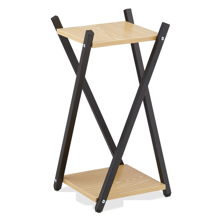 Stand de flori din lemn/otel cu 2 etajere, 57 x 29 x 29 cm, negru/maro deschis