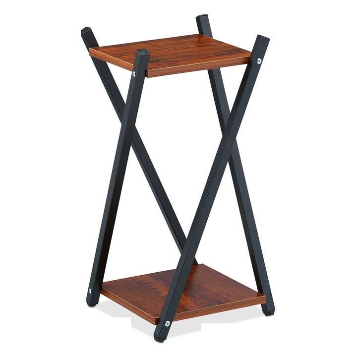 Stand de flori din lemn/otel cu 2 etajere, 57 x 29 x 29 cm, negru/maro