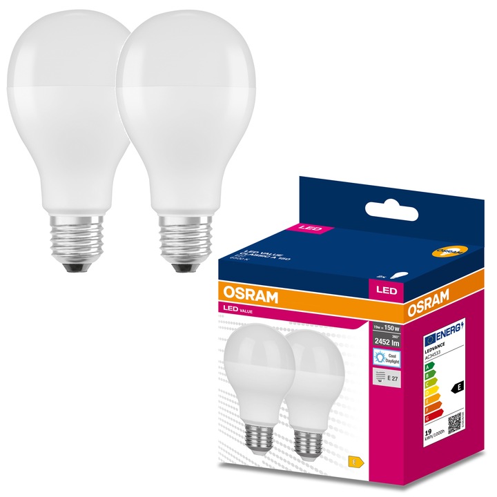Комплект 2 LED крушки Osram, E27, 19W (150W), 2452 лумена, Студена светлина (6500K), Енергиен клас E