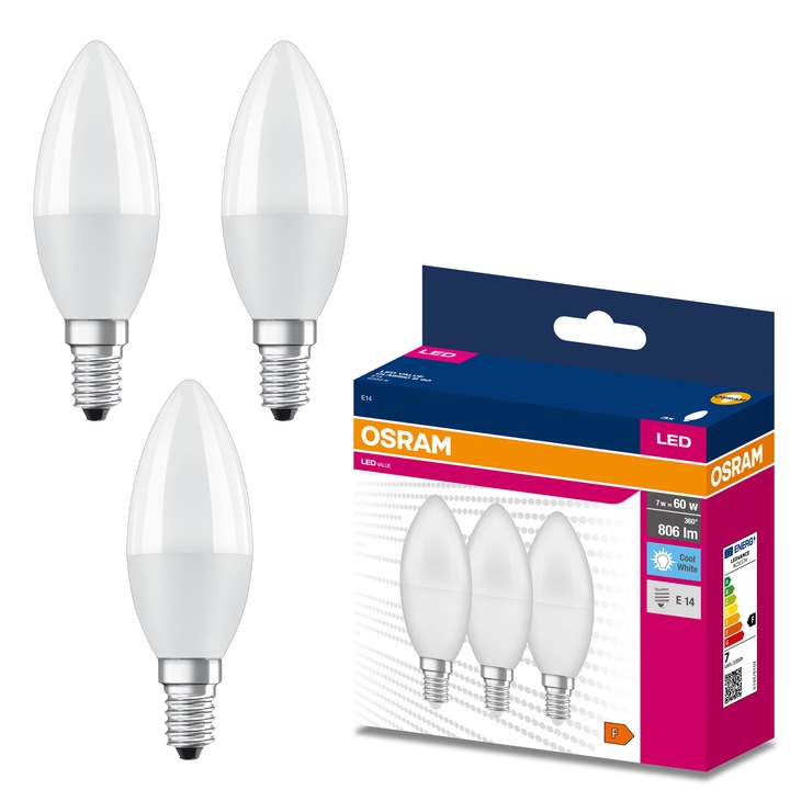 Комплект 3 LED крушки Osram, E14, 7W (60W), 806 лумена, Неутрална светлина (4000K), Енергиен клас F