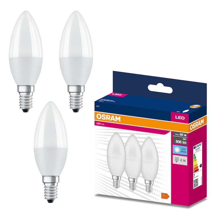 Set 3 becuri LED Osram, E14, 7W (60W), 806 lm, lumina neutra (4000K), clasa energetica F