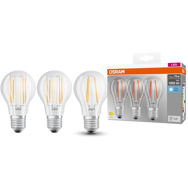 Set 3 becuri LED Osram Filament, E27, 7.5W (75W), 1055 lm, lumina neutra (4000K), clasa energetica D