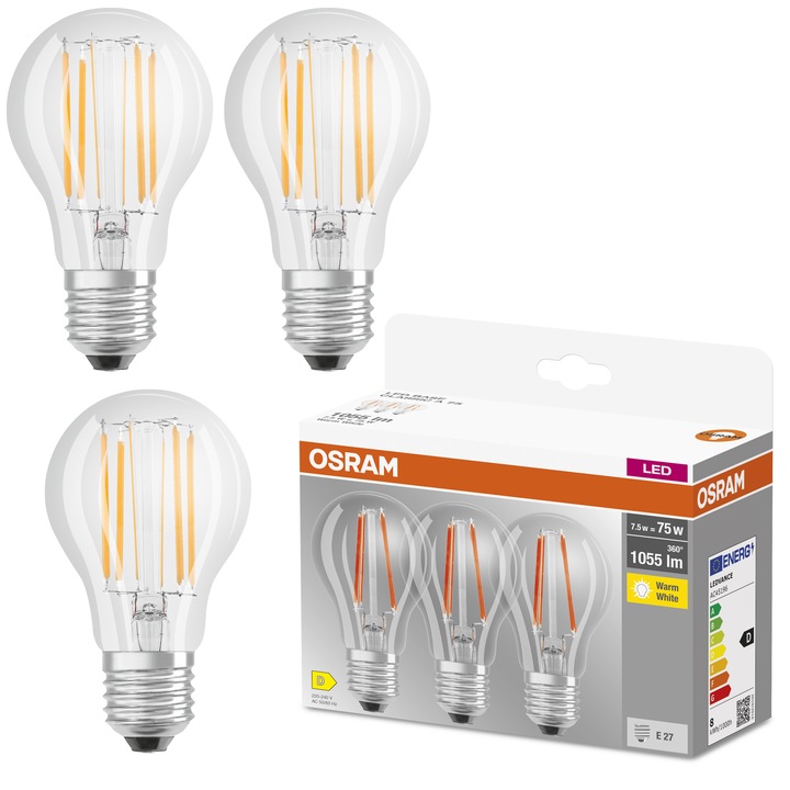Комплект 3 LED крушки Osram Filament, E27, 7.5W (75W), 1055 лумена, Топла светлина (2700K), Енергиен клас D