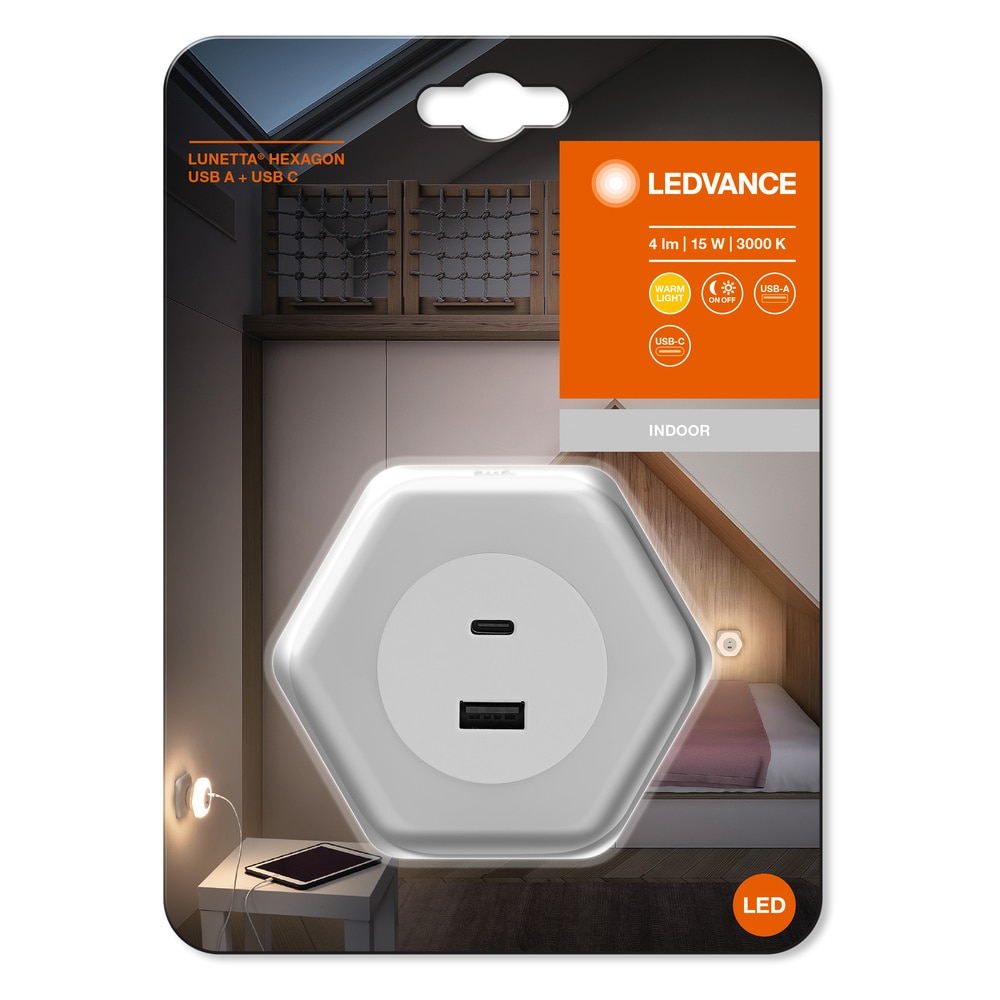 Lampa de veghe LED Ledvance 15W, senzor, 4 lm, 1xUSB-A, 1xUSB-C, IP20, lumina calda (3000K), Alb