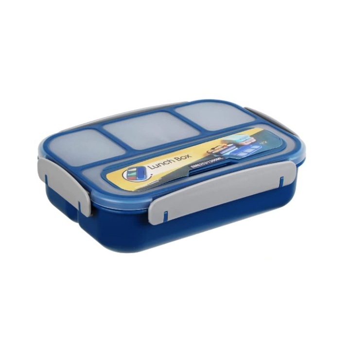 Ebéddoboz, BOMSTOM, BPA mentes, polipropilén, szivárgásmentes, evőeszköz, 4 rekeszes, kék