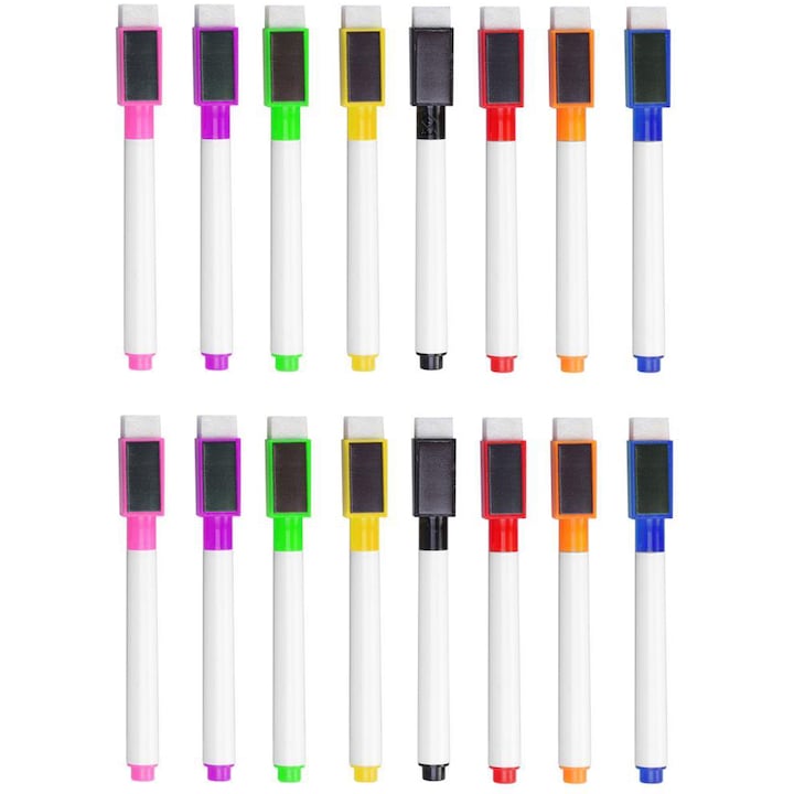 Set 16 markere pentru tabla magnetica, Zola®, cu bureti pentru sters si magnet, multicolore, 11.5 x 1.2 cm