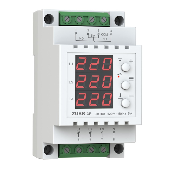 Releu de tensiune trifazat ZUBR 3F - Curent 5A, control TrueRMS, intarziere reglabila 3-600s, montaj DIN, protectie impotriva dezechilibrelor de faza