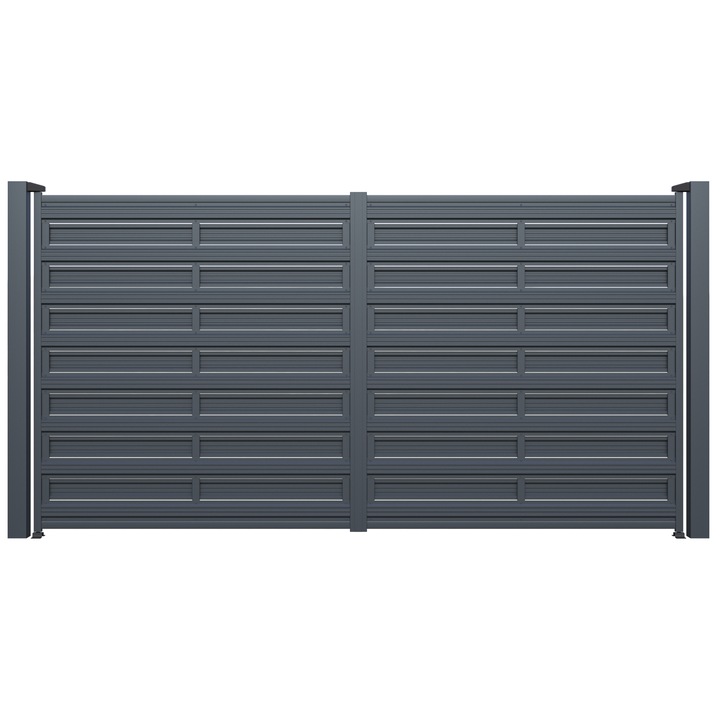 Set 2 bucati Poarta auto, Todome, metalica cu sipca 77, negru, 370 x 180 cm, cu accesorii si stalpi