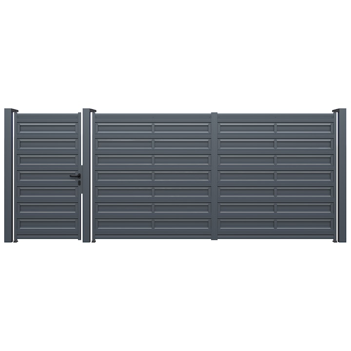 Set poarta auto si pietonala, Todome, metalica cu sipca 77, negru, 480 x 180 cm, cu accesorii si stalpi