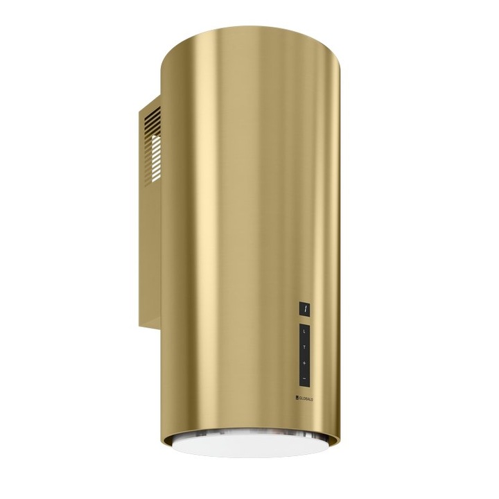 Hota cilindrica decorativa de perete Globalo, Heweno 39.3 Light Gold Mat, clasa energetica B, capacitate de absorbtie 660 mc/h, 4 trepte, Auriu