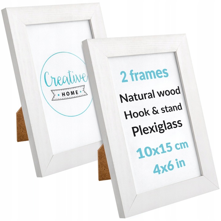 Set de 2 Rame foto 10x15 cm, Creative Home, Alb, Rama foto din lemn de pin, cu spate pentru a sta in picioare si a fi agatata, pachet de 2