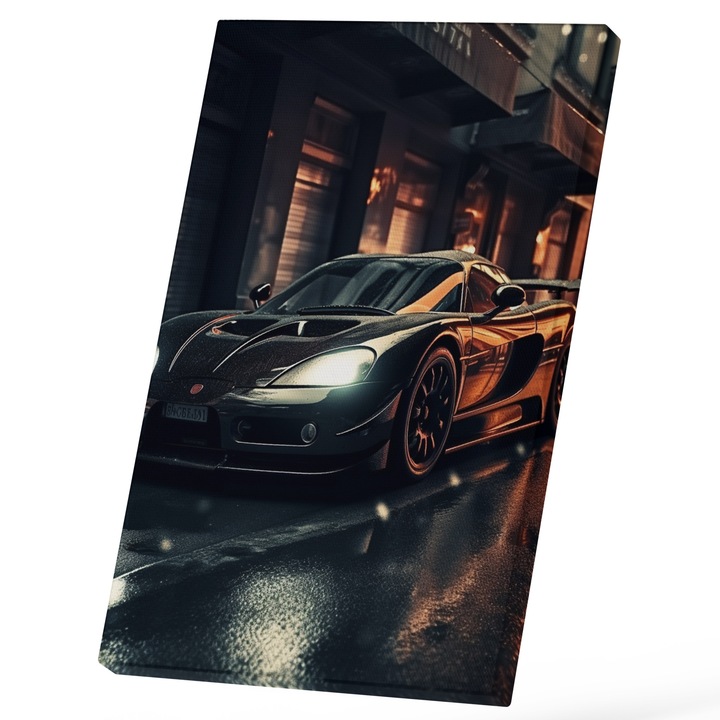 Tablou Canvas Cu Masina Viteza Lux Stralucitoare Neagra, Oras aglomerat, Iubitorii De Motoare Puternice 25x40 cm, Multicolor