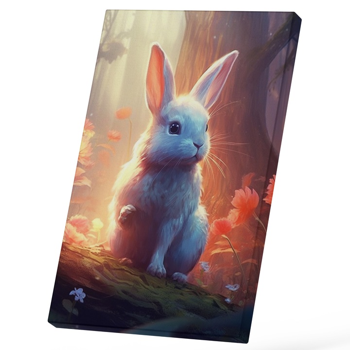 Tablou Canvas Cu Iepure Dragut Alb In Padure Colorata, Razele Soarelui Puternic, Natura Innflorita, Iubitorii De Animlae Blanoase 25x40 cm, Multicolor