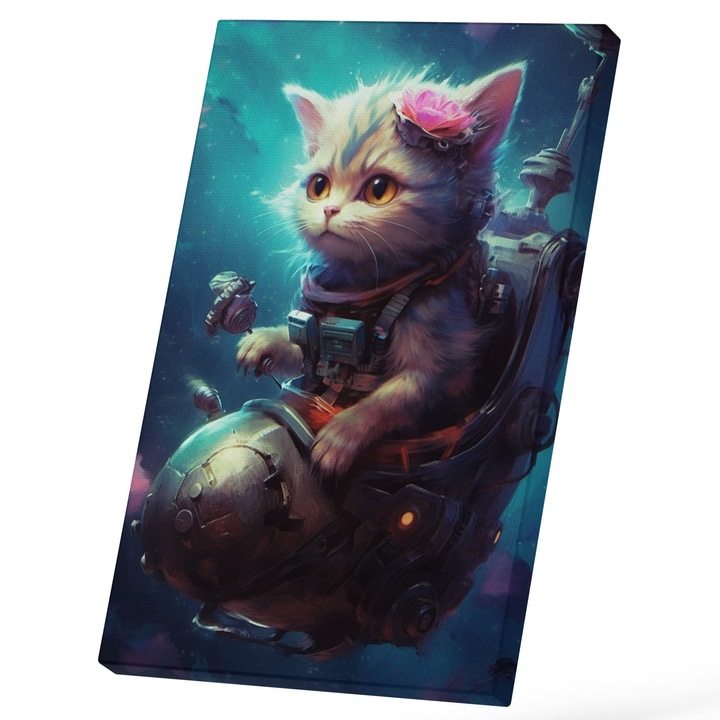 Tablou Canvas Cu Pisica Alba iN Mare, Floare Roz Pe Cap, Masinarie Zburatoare, Pisici Si Motani, Iubitorii De Aimale Blanoase 25x40 cm, Multicolor