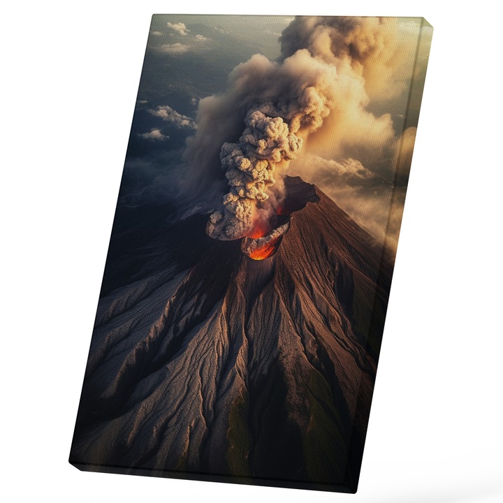 Tablou Canvas Cu Priveliste Drona Vulcan Erupand, Fum Negru Spre Cer, Lava, Natura, Liniste 25x40 cm, Multicolor