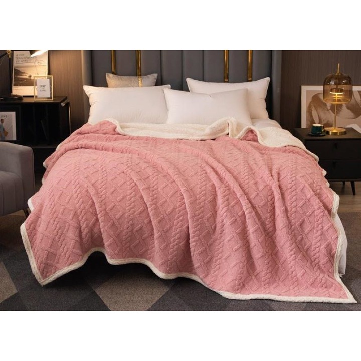 Patura cu blanita pentru pat dublu, model tip Tricot, Uni, 230x250cm, Roz