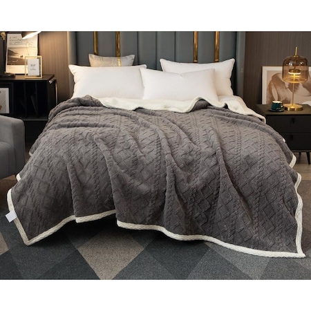 Patura cu blanita pentru pat dublu, model tip Tricot, Uni, 230x250cm, Gri