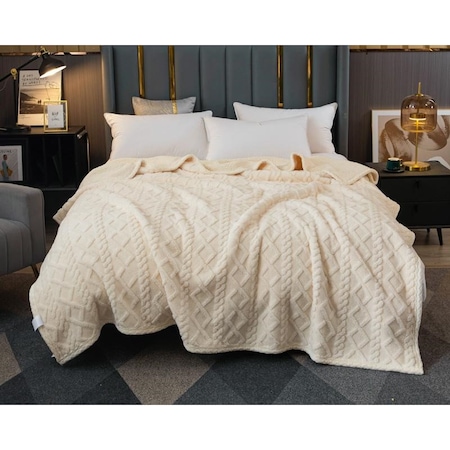 Patura cu blanita pentru pat dublu, model tip Tricot, Uni, 230x250cm, Alb Unt