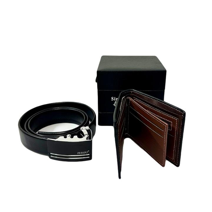 Set pentru barbati JESOU COLLECTION, cutie cu sertar, portofel si curea ajustabila din piele 13x13 cm, Negru, Velve